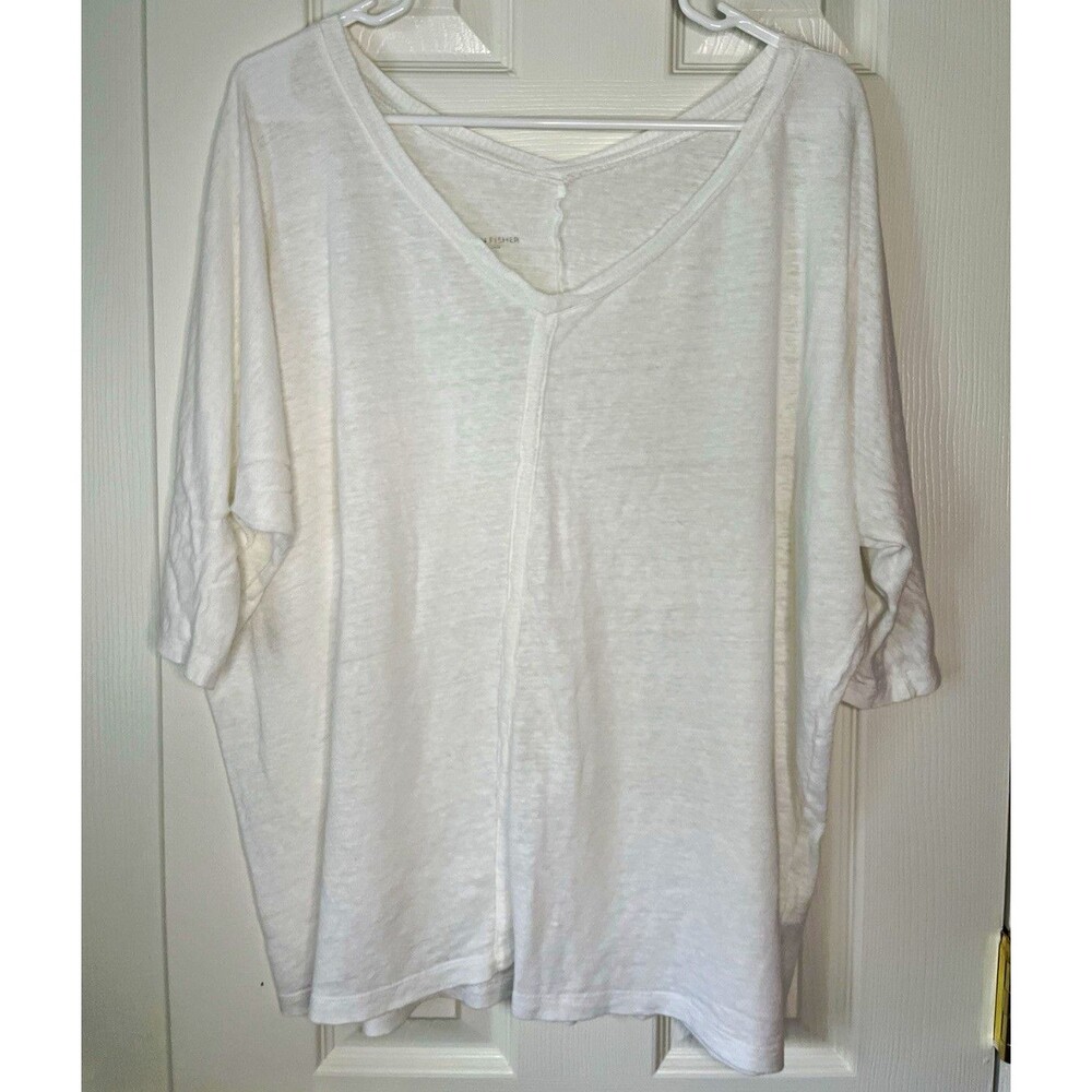 Eileen Fisher White Linen Knit V-Neck Short Sleeve Pullover T-Shirt Women L